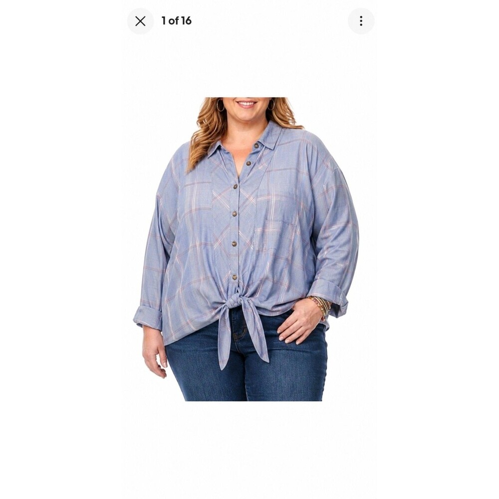 New With Tags Women's Blue Plaid Tie Front Blouse Size 2X  Casual Everyday